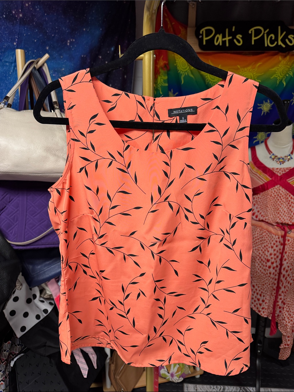 Notations Coral Sleeveless V-Neck Tank With Black Leaf Pattern